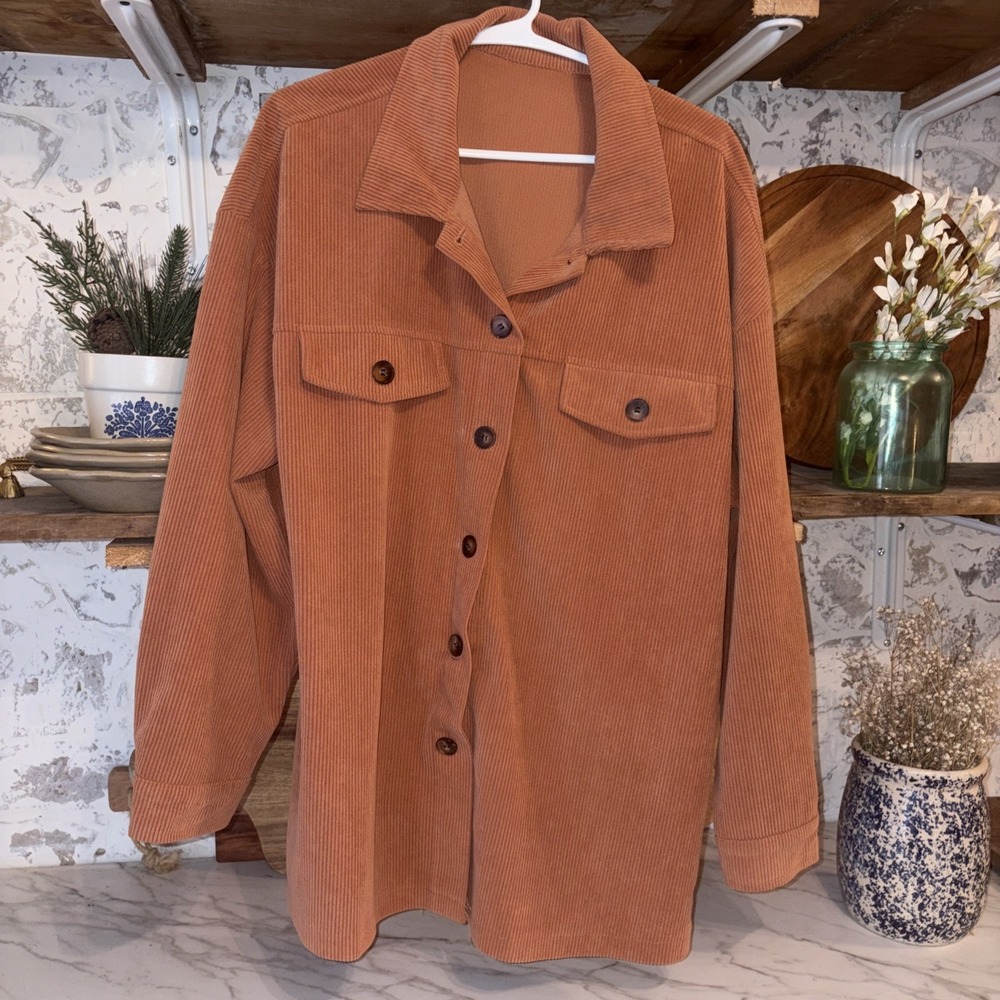 Women's Copper Brown Fall Ribbed Thick Button Down Shirt Jacket Cozy Bobo Large